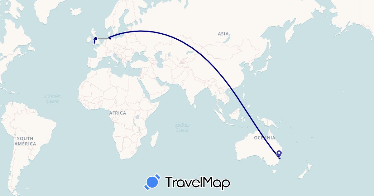 TravelMap itinerary: driving, plane in Australia, Germany, United Kingdom (Europe, Oceania)